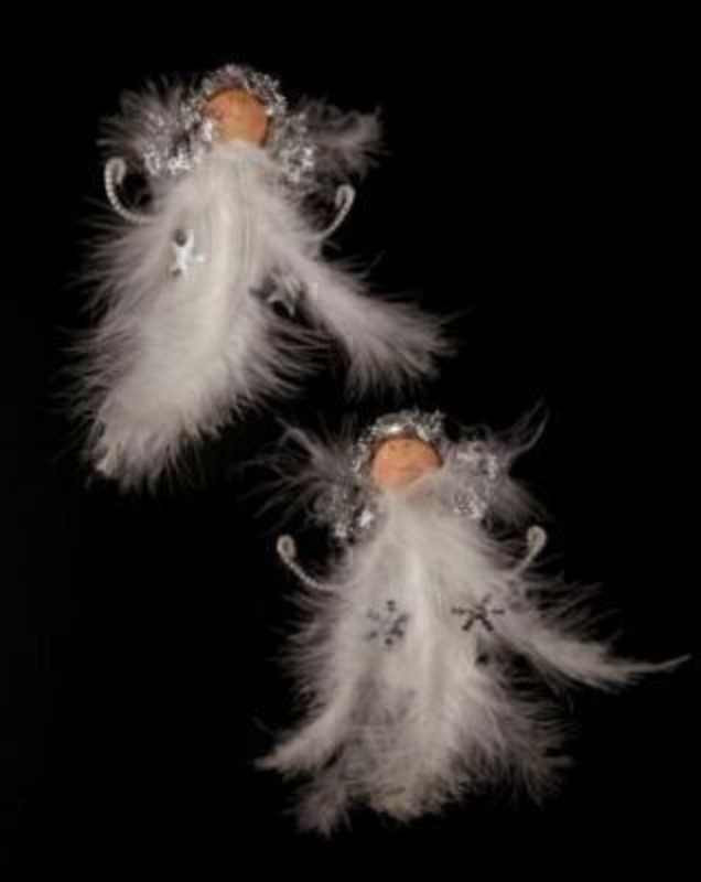 White and silver feather angel hanging Christmas Tree decorations by Heaven Sends. Choice of 2 Star or Snowflake if preference please specify when ordering. Size 15cm